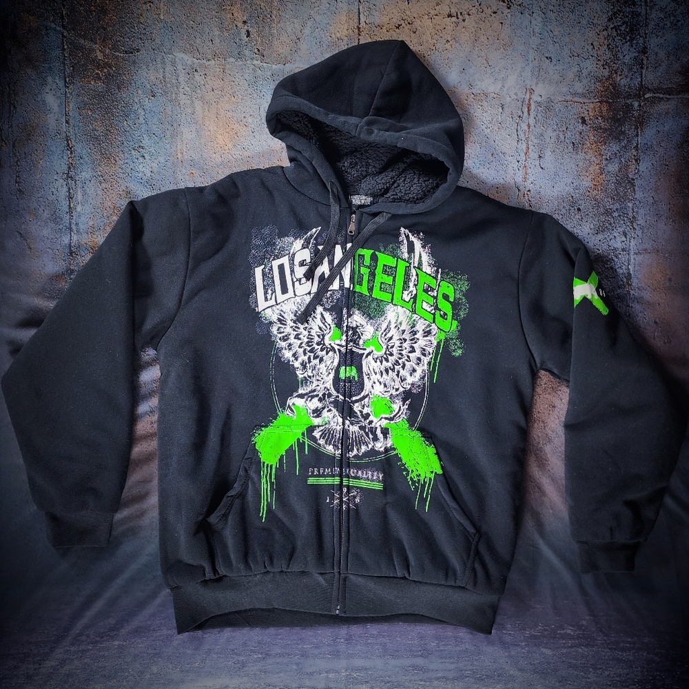 Los Angeles Themed Casual Black Full Zip Lined Hoodie